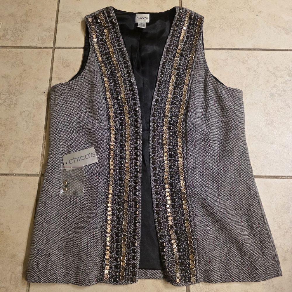 NWT Size1 Chico Embellished Studded Beaded Herringbone Tweed Wool Blend Vest M